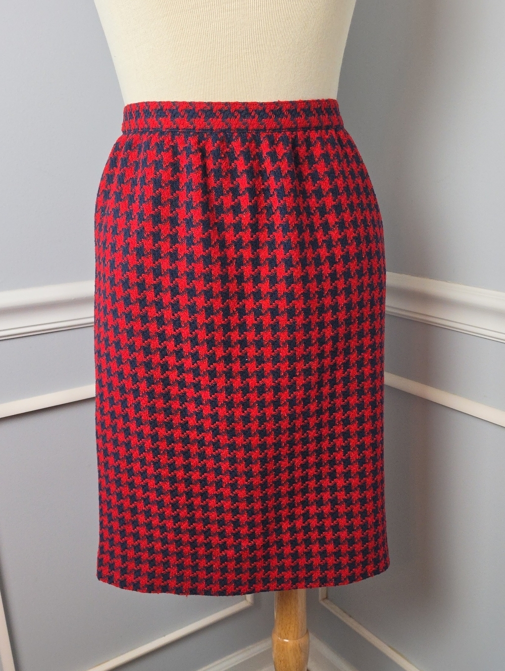 ALFRED DUNNER Red Blue Houndstooth Wool Blend Business Pencil Skirt 8 Petite